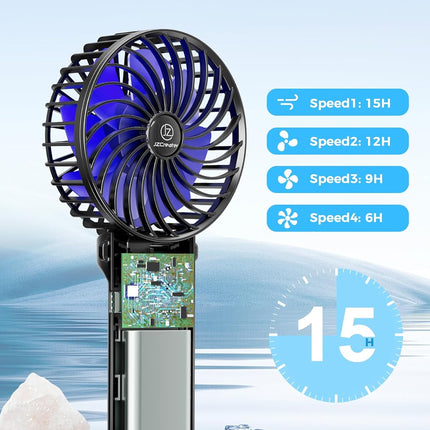 Jzcreater Mini Handheld Fan,Portable Hand Held Fan, 15H Cooling Fan, Quiet 4 Speed, Usb Rechargeable Battery Operated Desk Fan