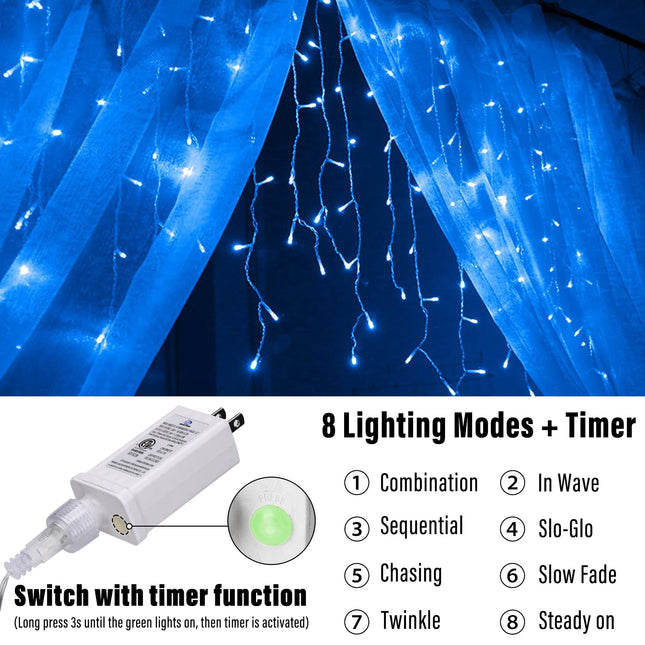 Lomotech Christmas Icicle Lights - 32Ft 8 Modes Waterproof Christmas Lights Connectable with Timer for Holiday, Wedding Party, Eaves, Christmas Decorations (Blue)