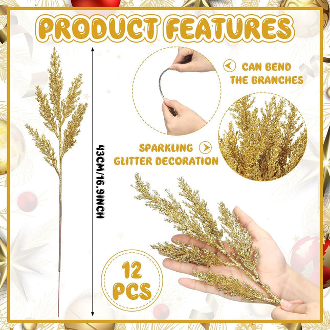 12 Pcs Christmas Artificial Pine Needles Faux Cedar Branches 17 Inch Glitter Fake Foliage Pine Stems Picks Christmas Tree Ornaments for DIY Xmas Garland Wreath Crafts Decoration(Gold)