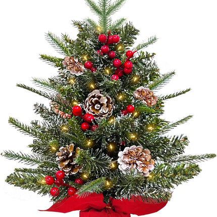 24 Inch Tabletop Christmas Tree,Realistic-Feel PE Norfolk Pine Frosted Mini Small Christmas Tree with Timer 30 LED Warm Lights Red Berry Pincone Cloth Base Cedar Artificial Xmas Tree Home Indoor Table