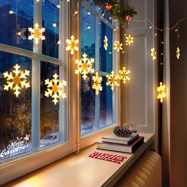 Aulanto Christmas Lights Outdoor Snowflake Lights,11.48ft 168 LED Snowflake Icicle Lights Waterproof with14 Drops, 8 Modes Warm White Christmas Decorations Light for Eaves, Yard, Tree, Window, Curtain