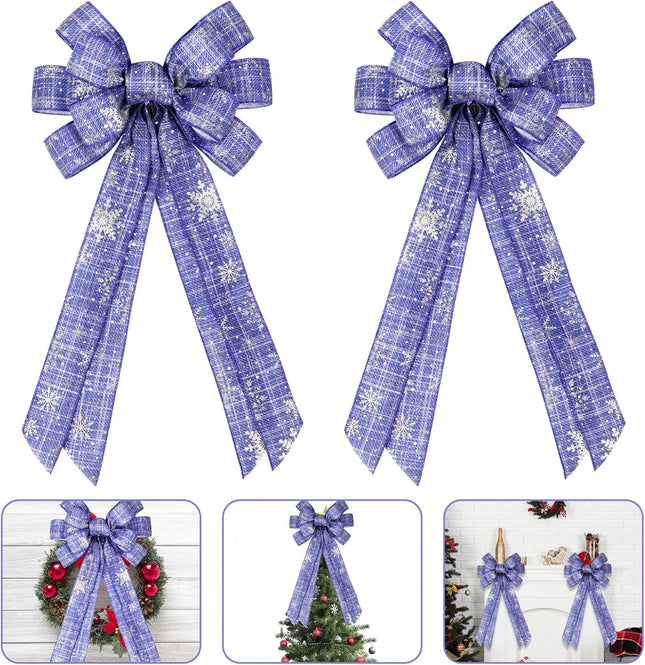 Serencatcher Large Christmas Wreath Bows 11 x 20 Inches, 2Pcs Blue Christmas Tree Topper Bow with Silver Snowflake for Christmas Home Garden Indoor Outdoor Decoration Wreath Ornament Supplies