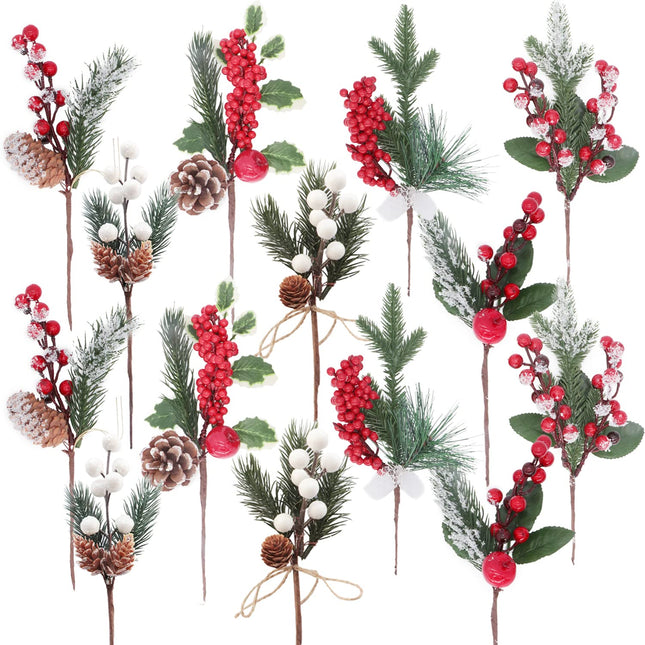 14PCS Artificial Berry Picks, Christmas Pine Picks with Red & White Berries Pine Cones for Christmas Decorations DIY Crafts Wrapping Flower Arrangements Wreaths Holiday Floral Snowy Picks (14)