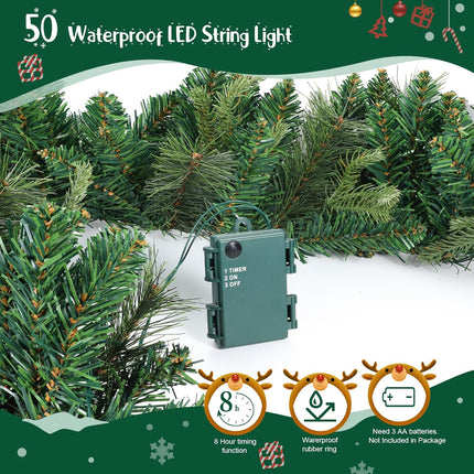 9 ft Christmas Garland, VELOMA Pre-lit Garland with 50 Warm Lights, Classic Green Christmas Garland with 340 Branch Tips
