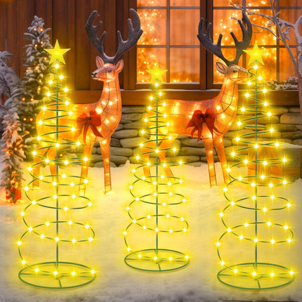 VIHOSE 3 Pcs Solar Spiral Christmas Tree Outdoor Prelit LED Light with Warm White Lights, 8 Modes, One 3 ft and Two 4 ft Light up Xmas Pathway Markers Indoor Holiday Christmas Decoration Lamp