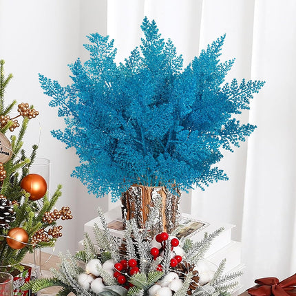 Christmas Artificial Pine Needles Stems 17.3In Glitter Branches Pine Leaves Picks Christmas Tree Filler Branches Fake Floral Twig Stems for DIY Garland Flower Home Wreaths Holiday Winter Decor(Blue)