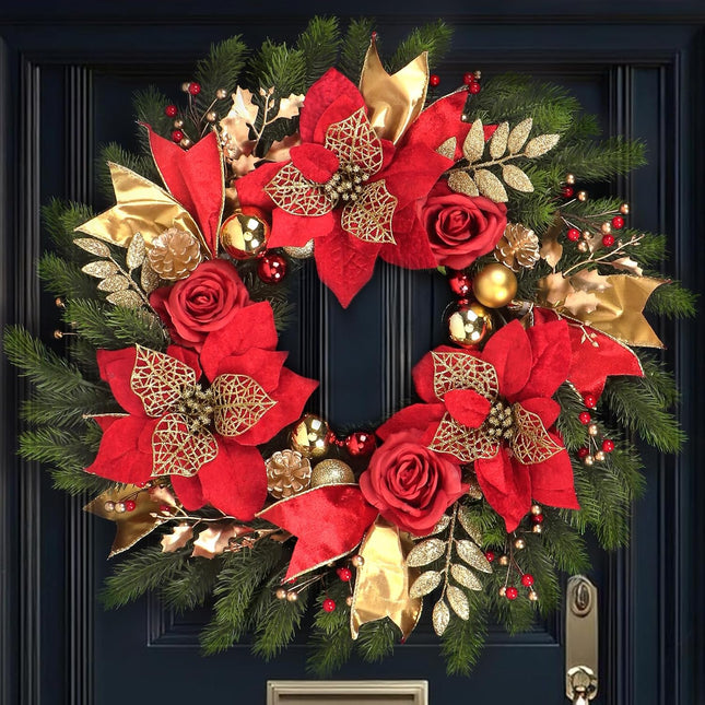 Christmas Wreaths for Front Door,24in Winter Wreaths for Indoor and Outdoor Christmas Decorations,Christmas Door Wreath with Red Christmas Flowers and Golden Ball,Pine Cones,Leaves for Christmas Decor
