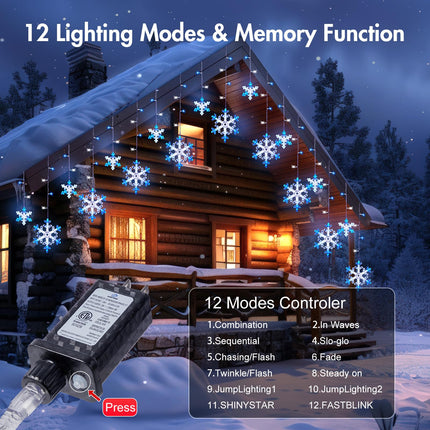 Minetom Christmas Snowflake Lights - 13ft 192LED Snowflake Icicle Lights with 16 Drops, 8 Modes and Timer, IP65 Waterproof Connectable Christmas Lights for House Eave Window Indoor Outdoor Decoration