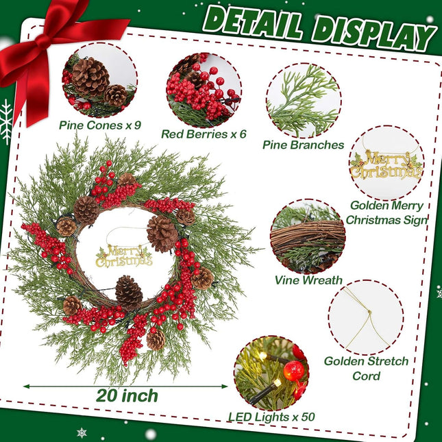 20 Inch Christmas Wreath with 50 Lights Timer (Battery Not Included) Small Christmas Wreaths for Front Door with Pine Cones Berries Christmas Door Wreath Winter Indoor Outdoor Wall Decoration
