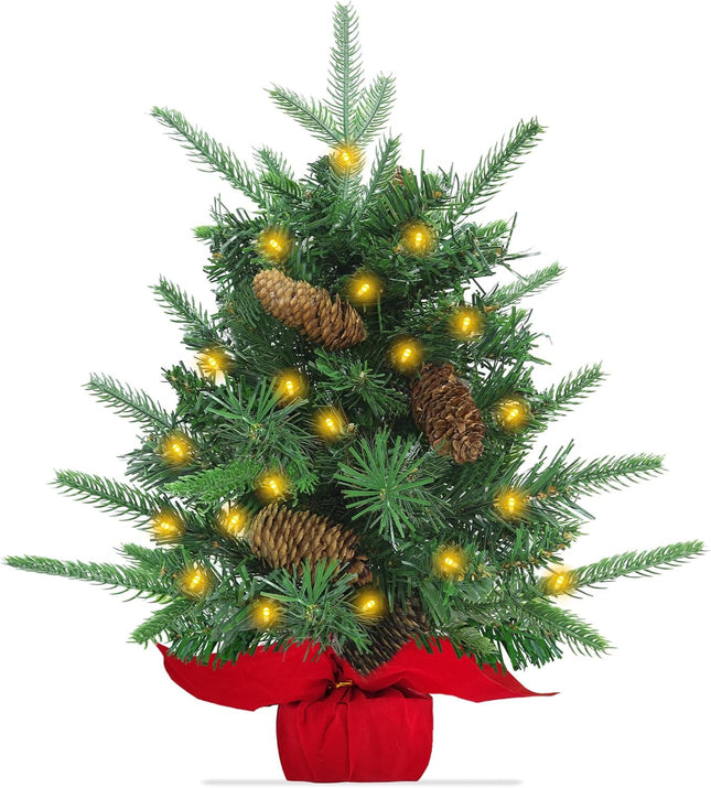 Tabletop Christmas Tree with Lights, Realistic-Feel Norfolk Pine 18 Inch Artificial Small Christmas Trees Timer 20 LED Lights Large Pine Cones, Mini Xmas Tree for Christmas Indoor Holiday Home Decor