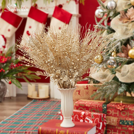 Serwalin 32 PCS Christmas Tree Picks Filler,Artificial Glitter Berry and Flowers Stem Branches Picks and Sprays for Xmas Tree Picks Decorations DIY Xmas Wreath, Crafts, Holiday Home Decor (Champagne)