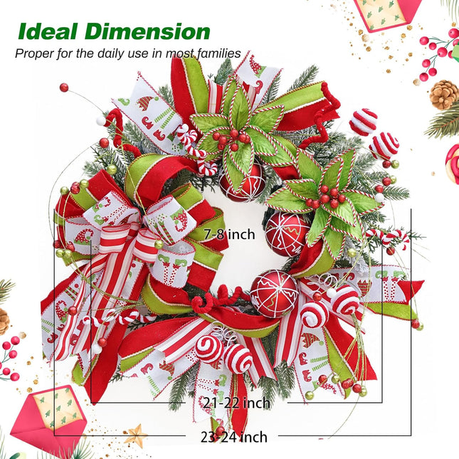 Christmas Wreaths for Front Door, Soomeir 24 Inch Christmas Wreath with Red Green Ribbons, Berries, Bows and Balls, Decor Decorations for Home Wall Window Porch Indoor Outdoor