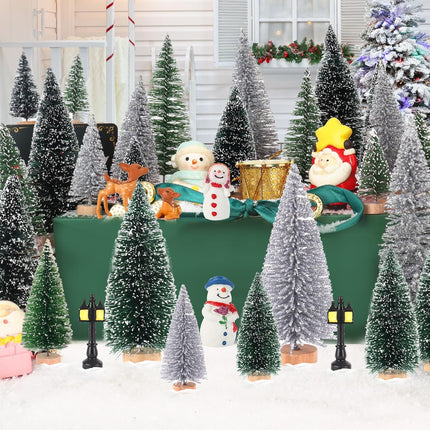 Mini Christmas Tree Christmas Decorations 30Pcs - Bottle Brush Christmas Trees with 5 Sizes, Miniature Pine Trees with Wooden Base for Christmas Party Home Table Craft Decor (Silver+Green+DarkGreen)