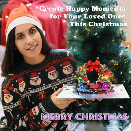 Pop Up Christmas Cards with Lights and Music, 3D Christmas Wreath Design, Handmade Musical Popup Greeting Card for Christmas Holiday Includes Envelop, Playing 'We Wish You a Merry Christmas'
