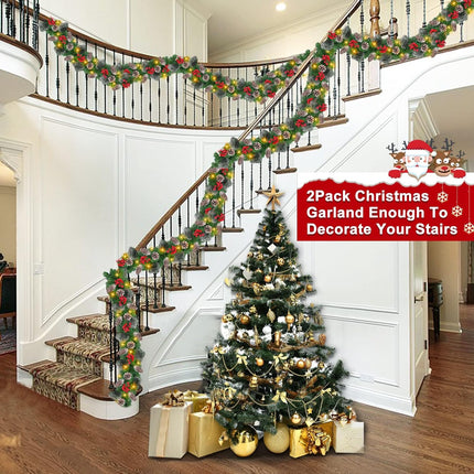 2 Pack Prelit Christmas Garland Each 9 Ft 100 Lights Timer 8 Mode, Cedar Garland Thick 300 Tips Snowy Bristle Pine 198 Berry 18 Pinecones Battery Operated Mantle Xmas Decoration Total 18 Ft 200 LED