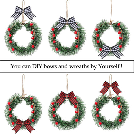 Whaline 8Pcs Mini Christmas Wreath with 8Pcs Mini Plaid Bows Christmas Pine Wreaths Black White Red Bow Christmas Hanging Ornaments for Christmas Tree Window Wall Door Holiday Festival Decoration