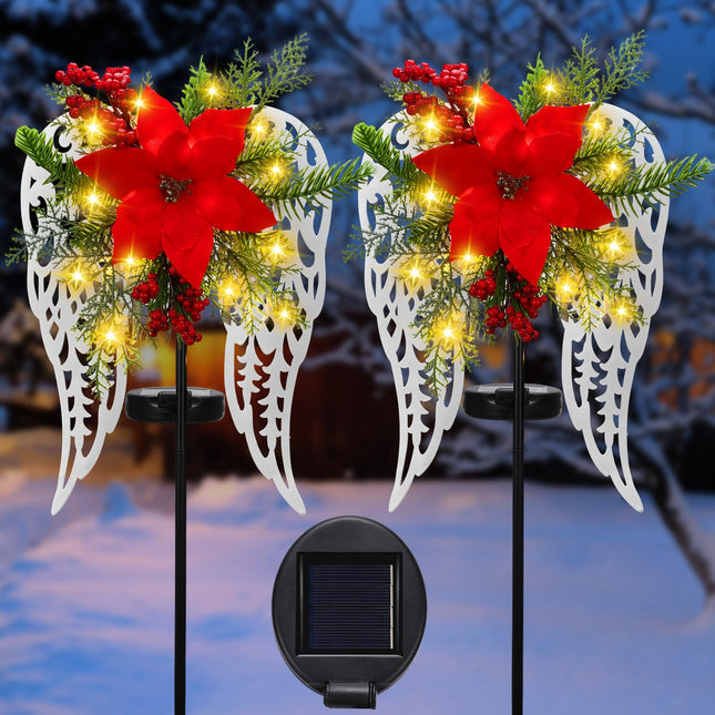 2 Pack Christmas Outdoor Decorations Solar Stake Lights, Led Angel Wings Metal Stakes with Big Poinsettia Flower, Grave Decorations Lighted Pathway Lights for Lawn Garden Cemetery Decorations