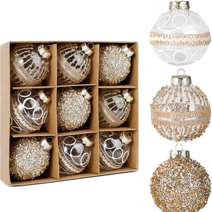 9 Pcs 80mm/3.15" Christmas Ball Ornaments Set, Large Clear Champagne Christmas Tree Decorations Plastic Shatterproof Hanging Balls for Xmas Glitter Farmhouse Boho Ornaments for Holiday Wedding Party