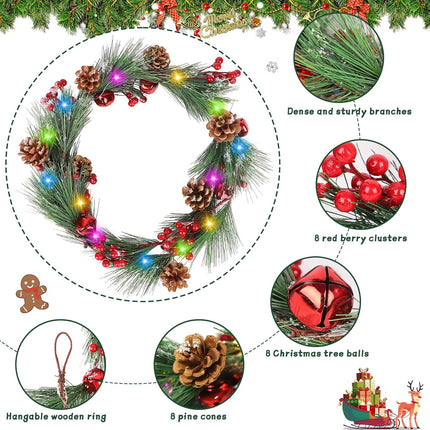 8 Light Modes Christmas Garland with Lights, 6FT Christmas Garland with 18 LED Lights Branches Berries Bells Snowflake Pinecones for Window Fireplace Door Stairs Indoor Outdoor Decoration