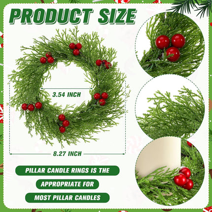 8 Pcs Christmas Candle Rings Wreath Red Artificial Cedar Berry Candle Ring Holder Mini Window Wreaths for Home Christmas Holiday Table Centerpiece