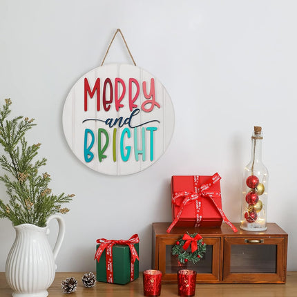 3D Christmas Merry and Bright Ornament Door Hanger Farmhouse Style Christmas Front Door Sign Christmas Decor Wooden Wreath (MERRY&BRIGHT)