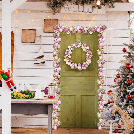 2 Pcs Christmas Balls Garland 6 ft Hanging Ornaments Xmas Balls Decorations with 2 Pcs 10 Feet LED Lights for Home Indoor Outdoor Tree Mantel Wedding Decoration(Pink, Rose Gold, Pink, Rose Gold)