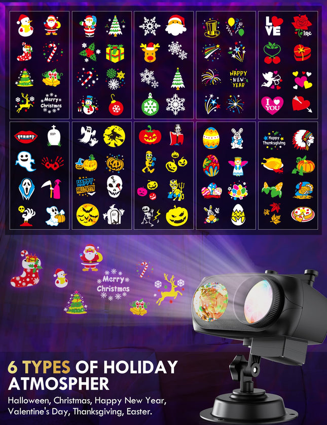 Christmas Projector Lights, Holiday Projector Outdoor, 2 in 1 HD Effect Pattern Snowflake Projection Lamp, with Remote control, Timer Memory Function, 10 slides for Various Festive Atmosphere