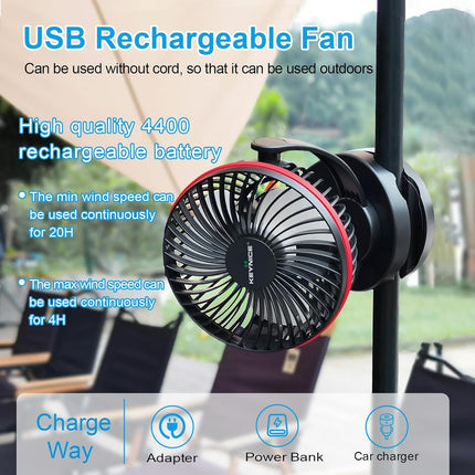 Keynice Battery Operated Fan With Hanging Hook, Portable Camping Fan With Night Light, 4 Speeds, Sturdy Clamp, 360° Rotation
