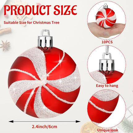 Liliful Red and White Christmas Ornaments for Tree Candy Canes Design Ball Ornaments 2.4 Inches Christmas Hanging Ball Plastic Glitter Ornament Xmas Shatterproof Decoration for Home Garden(10 Pcs)
