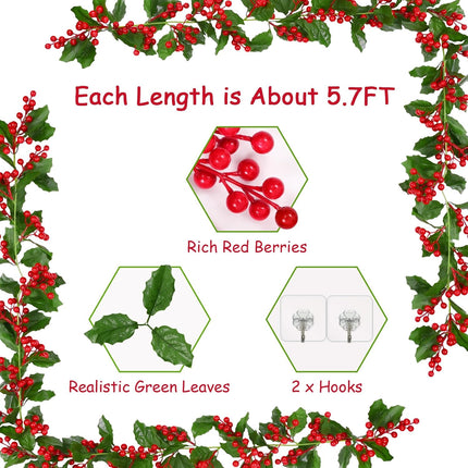 Christmas Garland, Red Berry Garland, Green Garland Christmas Decorations Indoor, Christmas Tree Garland for Mantle Holly Outdoor Home Table Year Decor