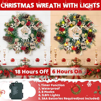 Christmas Wreaths for Front Door - Christmas Wreath with Christmas Reindeer, 16" Christmas Door Wreath with Santa Wooden House Bow Snowflakes Berries Pine Cones for Home Xmas Decor