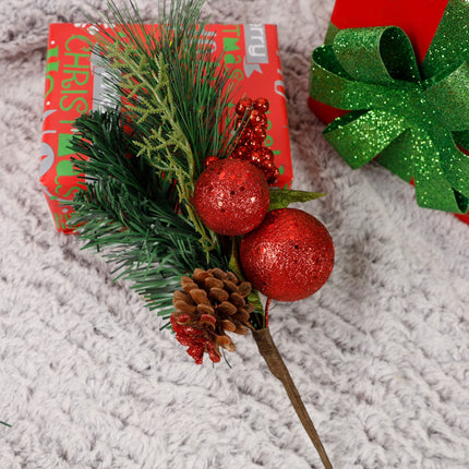 DR.DUDU Christmas 6 Pack 12'' Elegant Faux Picks Evergreen Sprigs + Gold & Silver Globe Ornaments + Pine Cone + Green Poinsettia Leaf + Mini Gold Balls (Red)