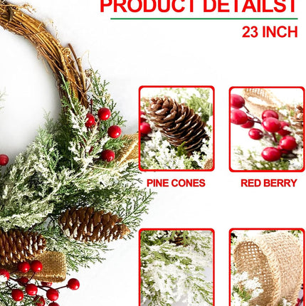 Christmas Artificial Wreath for Front Door, Outdoor Christmas Wreath Flocked with Mixed Decorations, Holiday Greenery Wreath with Pinecones, Red Berries, and Snowflake, 23 inches