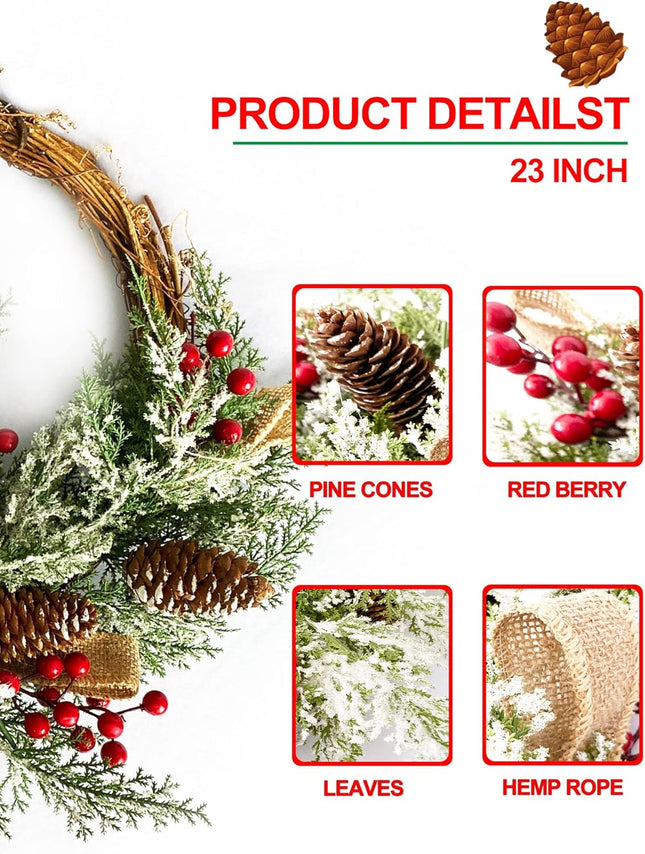 Christmas Artificial Wreath for Front Door, Outdoor Christmas Wreath Flocked with Mixed Decorations, Holiday Greenery Wreath with Pinecones, Red Berries, and Snowflake, 23 inches