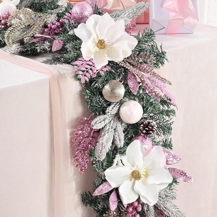 Christmas Garland - 5.9 Ft Christmas Garland for Mantle, Christmas Flocked Garlands with Magnolia Flower Christmas Balls Pink Gold Leaves for Outdoor Indoor Christmas Decor