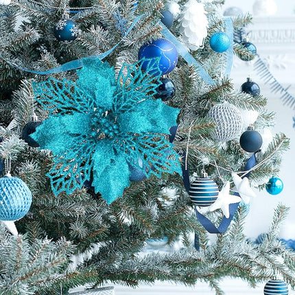 24 Pcs Christmas Teal Blue Glittered Mesh Holly Leaf Artificial Poinsettia Flowers Picks Tree Ornaments 5.9" W for Teal Blue Christmas Tree Wreath Garland Floral Winter Wedding Holiday Decoration