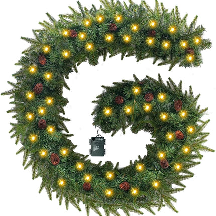 9 FT Christmas Garland with Lights,Christmas Decorations Garland Mixed Pinecones, with Timer, Battery Operated,Christmas Decor Garland for Stairs Indoor Mantle Door Wall Outdoor (Green+Brown)