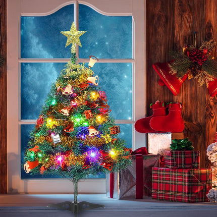 Mini Christmas Pine Tree, 24"/60cm Small Tabletop Artificial Xmas Tree with LED String Lights & Ornaments, Decor for Room and Office
