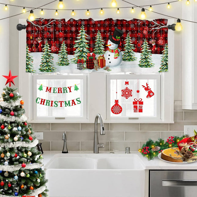 Christmas Snowman Curtain Valances for Windows Living Room, Winter Snowflake s Xmas Tree Curtain Toppers and Valances for Bedroom, Red Black Plaid Valance Kitchen Curtains with Rod Pocket 54"x18"