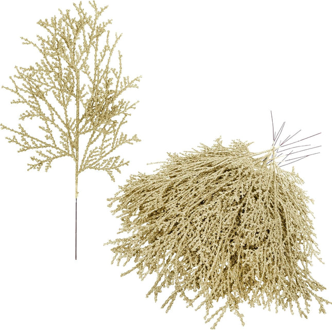 Winlyn 15 Pcs Christmas Artificial Cedar Sprays Champagne Glittered Faux Cedar Branches Stems Christmas Tree Ornament Picks 14.4" for Christmas Tree Wreath Wedding Bouquet Holiday Centerpiece