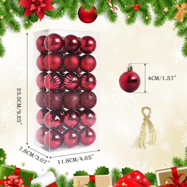 Christmas Ornaments, 36 Packs 1.57 Inch, Red Christmas Ball Decorations Ornaments for Xmas Tree, Wreath Decor Ornaments, Shatterproof Plastic Bulbs