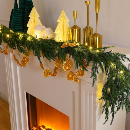Real Touch Norfolk Pine Garland Faux Christmas Garland Pre Lit Artificial Pine Greenery Garlands with Warm White LED Lights for Xmas Holiday Wedding Party Outdoor Decorations (6 Feet, 2)