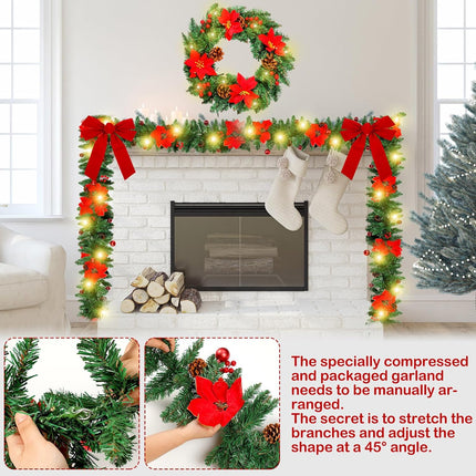 Yingzhao 2 Pcs Pre-lit 9ft Christmas Garlands with 17.7'' Artificial Xmas Wreath Poinsettia Christmas Garland Decorations with Large Red Bows Wreath Hanger for Holiday Fireplace Pathway Home Decor