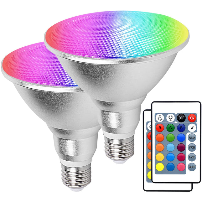 2 Pack RGB PAR38 Flood Light Outdoor with Remote, 30W=90W, Waterproof LED Color Changing Light Bulbs, 3000K Warm White, 1800lm, Christmas Party Decor Dimmable Lamp