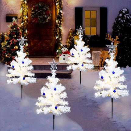 Set of 4 White Solar Christmas Tree, Outdoor Christmas Decorations, 8 Modes 80LED Solar Christmas Lights Outdoor, Solar Christmas Pathway Lights for Yard Front Porch Pathway Grave Cemetery Decor