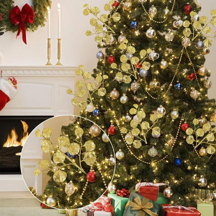 6 Pieces Golden Christmas Tree Picks and Sprays 16.9" Christmas Glitter Eucalyptus Leaves Stems for Christmas Tree Filler Wreath Swag Floral Arrangment Table Centerpieces Decoration