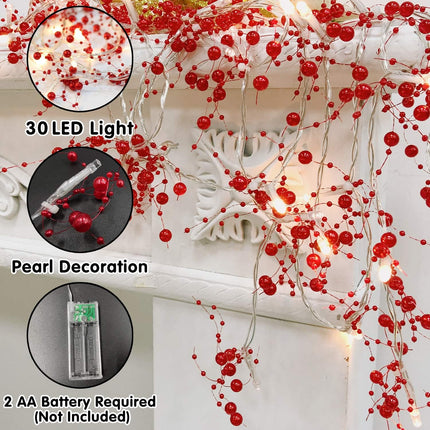 TURNMEON 10 Ft 30 LED Red Christmas Garland with Lights Timer Lighted Beaded Garland Christmas String Lights Battery Powered Xmas Garland Christmas Garland Decorations for Home Mantle Fireplace Table