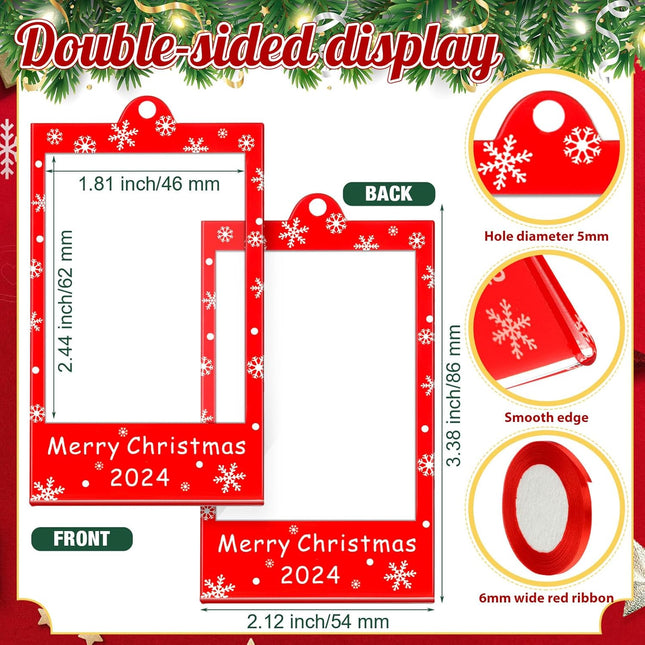 24 Pcs Merry Christmas Picture Frame Ornaments Acrylic 2 x 3 Frame Ornaments for Instax Hanging Photo Ornaments for Polaroid with Red Ribbon Picture Frames for Christmas Tree