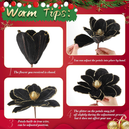 12 Pcs Christmas Velvet Poinsettia Burgundy Magnolia Flowers Ornaments Glitter Large Heads Artificial Magnolia Flowers for Christmas Tree Decorations Wedding Decor Supplies (Black and Gold)