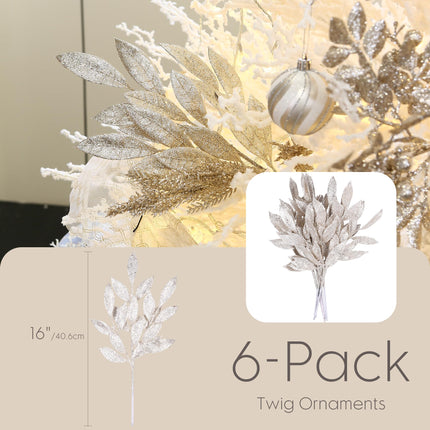 Sea Team 6-Pack Artificial Glitter Leaf Ornaments, Decorative Sticks, Glittery Twigs, Stems, Picks, Branches for Christmas Tree, Wreath, Vase Fillers for Centerpieces, Home Décor, Champagne